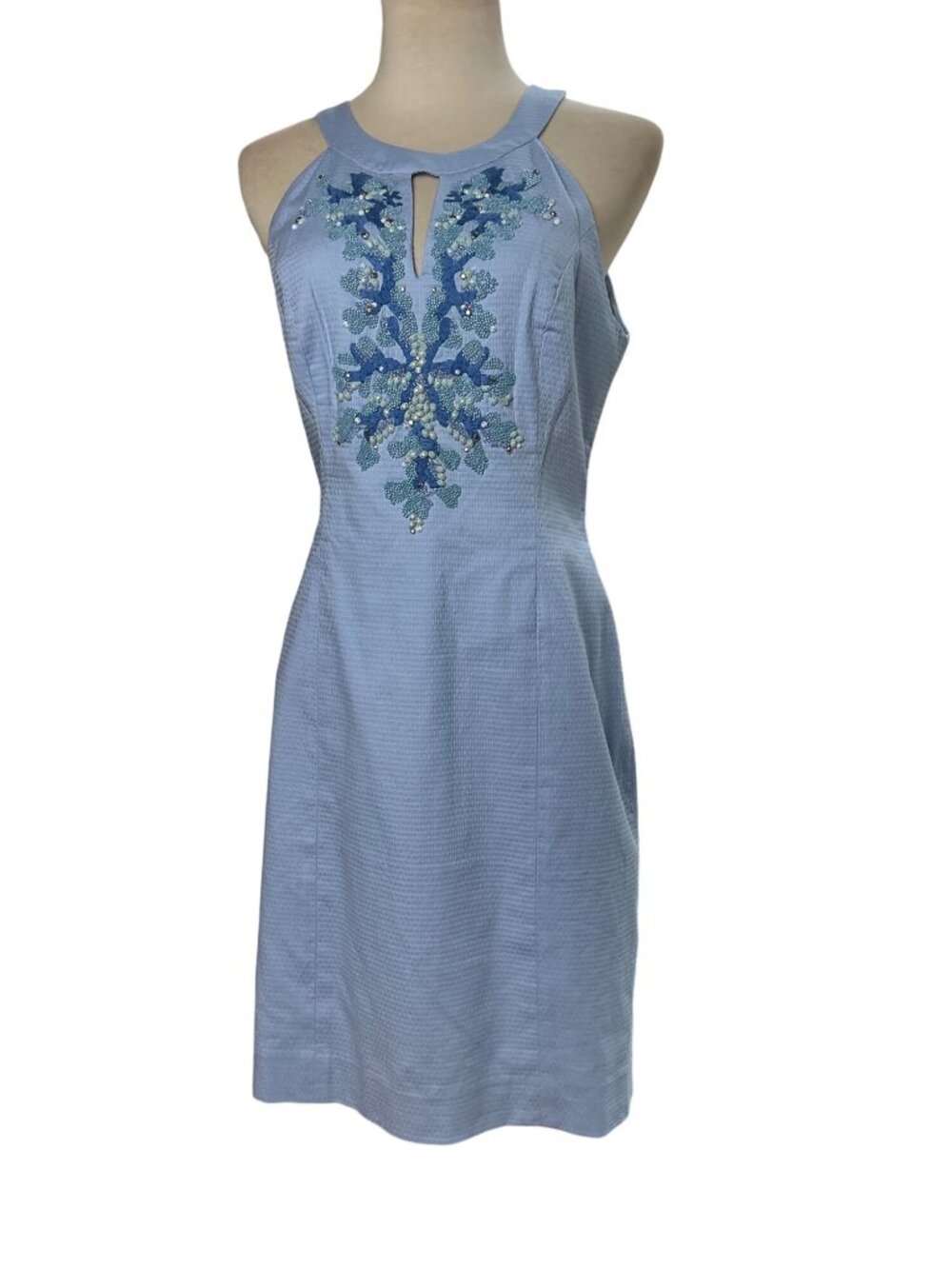 NWT Lilly Pulitzer Blue Embroidered Sheath Dress Beaded Halter Keyhole Sz 6